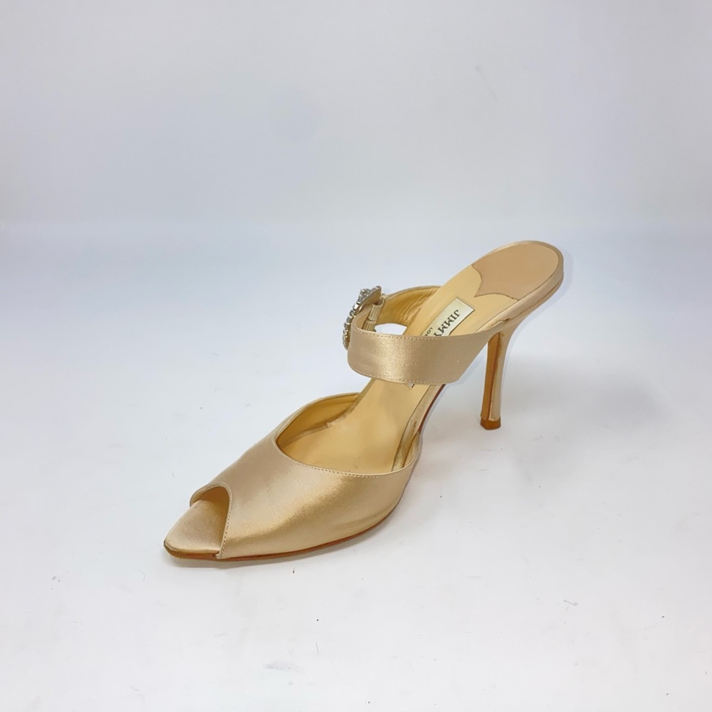 ❤️Jimmy Choo Tan Satin Mules with Crystal Closure.  Size 39.5/US 9.5.